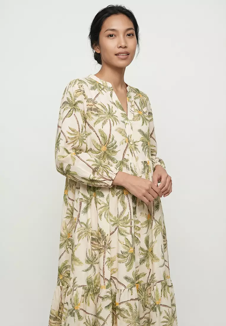 Tropical Print Long Sleeve Voile Beach Dress-Fall in Love E7745Ax25Sp