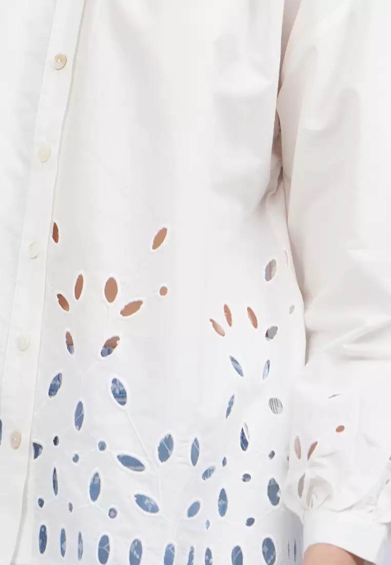 Round Neck Puff Sleeves Eyelet Blouse OFF WHITE