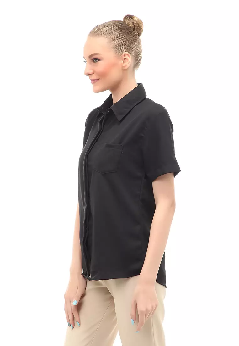 Shirt Atasan Wanita Lengan Pendek Detail Saku Motif Polos Design Simple - Hitam
