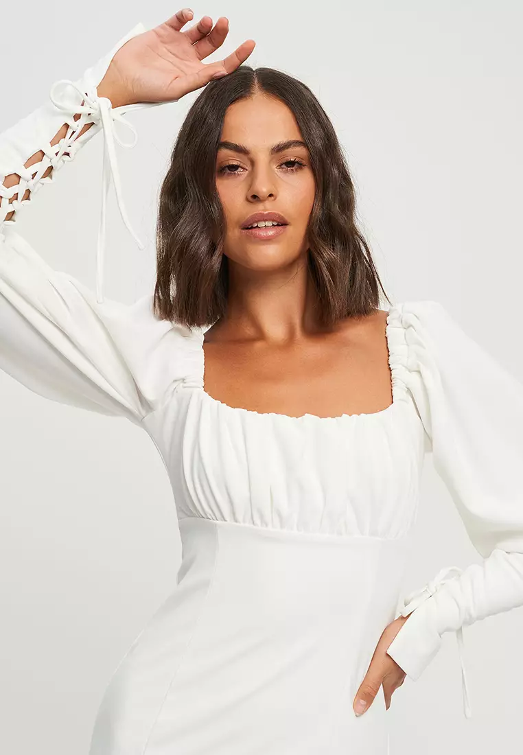 White long best sale sleeve bardot dress