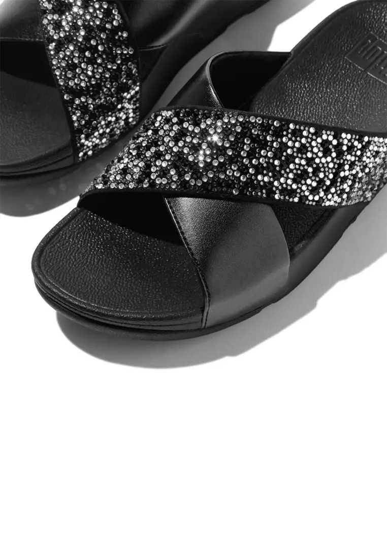 LULU Women's Crystal-Mix Metallic Cross Slides - All Black (JE2-090)