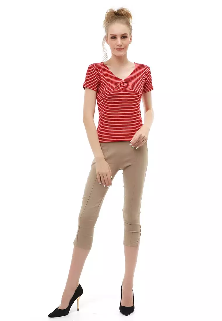 Genevie Blouse Kasual Wanita Lengan Pendek Model Salur Variasi Kerut Tengah Material Cotton ORIGINAL - Maroon