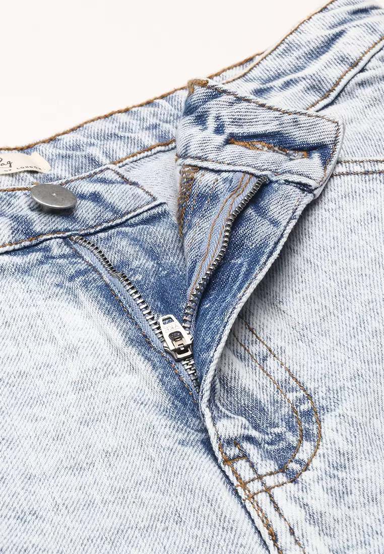 Biru Celana Pendek Jeans Mentah Mencuci Asam