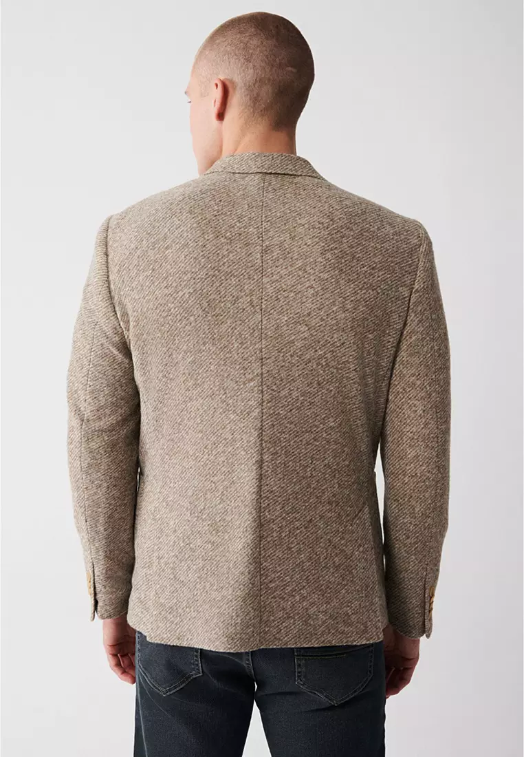 Men's Beige Wool Blended Unlined Double Slit Jacket A32Y4013