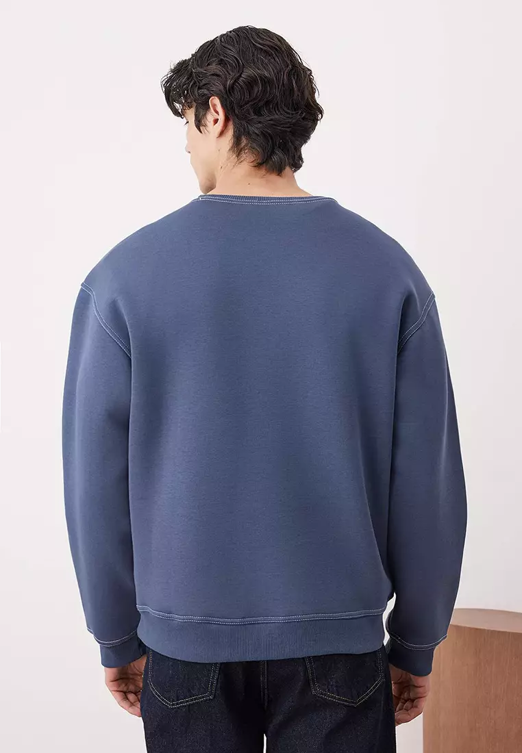 Pale Indigo Oversize/Wide Cut Contrast Stitch Detail Crew Neck Sweatshirt