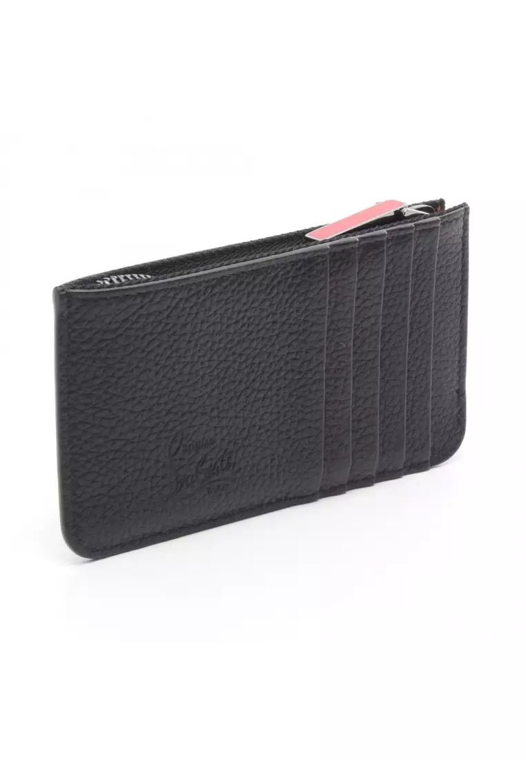 Pre-Loved CHRISTIAN LOUBOUTIN studs card case coin purse leather black Red