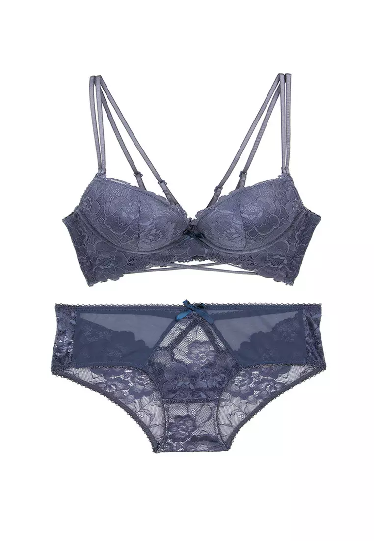Buy ZITIQUE Women's Non-wired Thick Cup Push Up Deep V Cotton Lace Lingerie  Set (Bra and Underwear) - Dark Blue 2024 Online