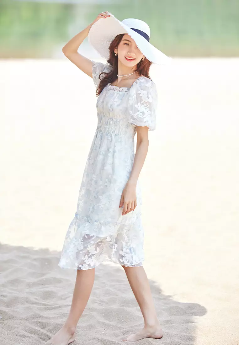 Puff Sleeve Square Neck Floral Shirred Midi A-Line Dress