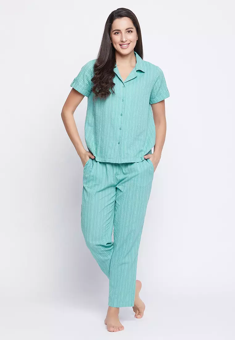 Clovia Sassy Stripes Button Down Shirt & Pyjama in Cyan Blue - Cotton