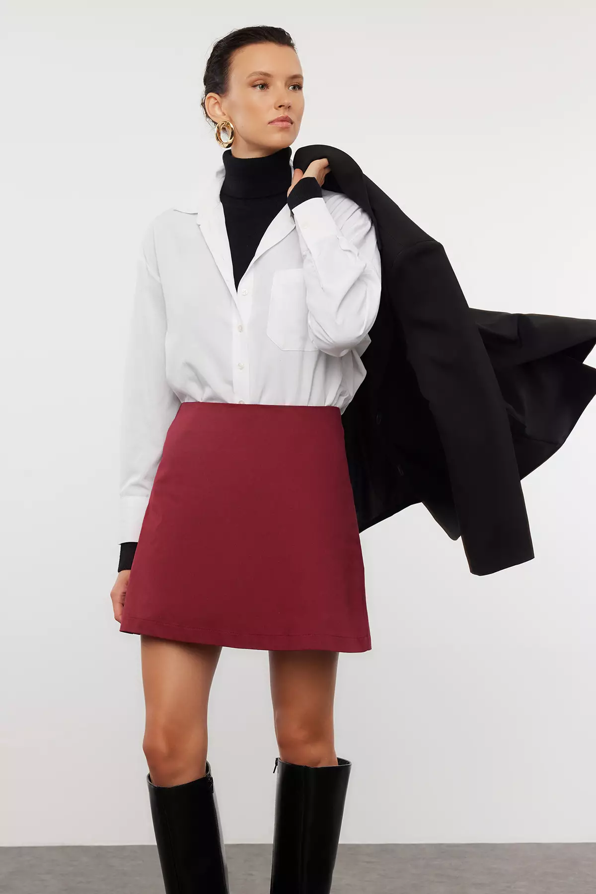 High Waist Dark Burgundy A Line Mini Skirt