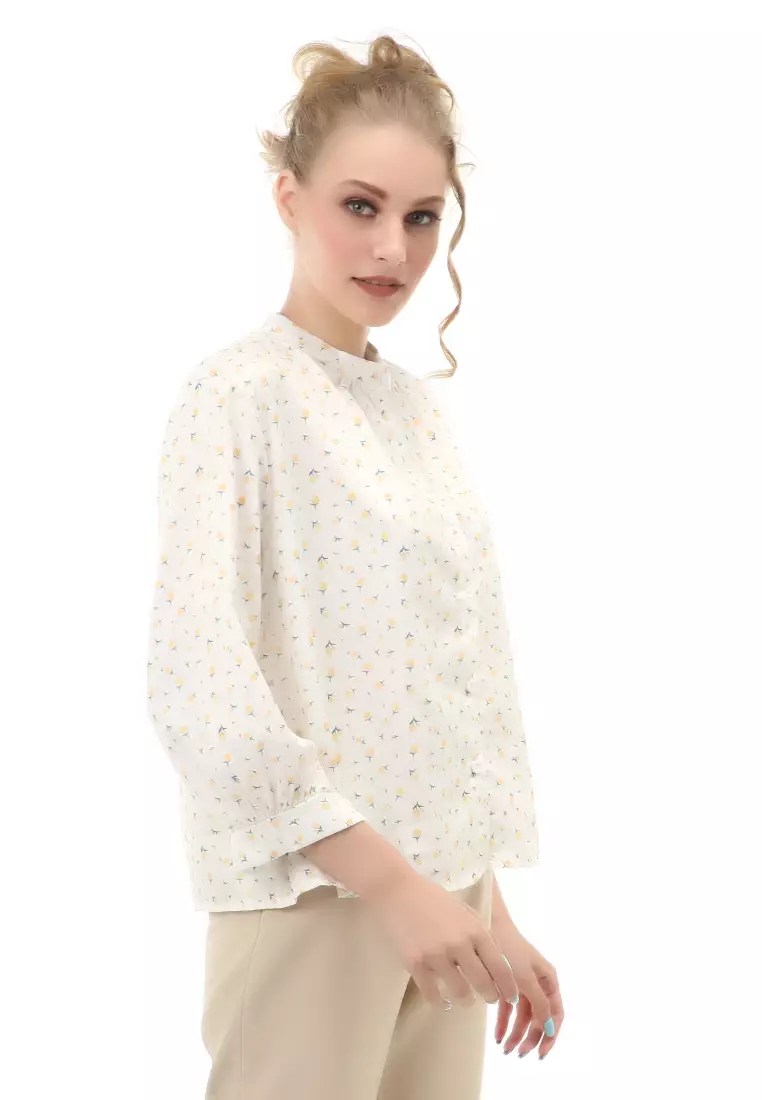 Cheva Blouse Atasan Wanita Kasual Lengan Panjang Motif Bunga Material Chiffon ORIGINAL - White