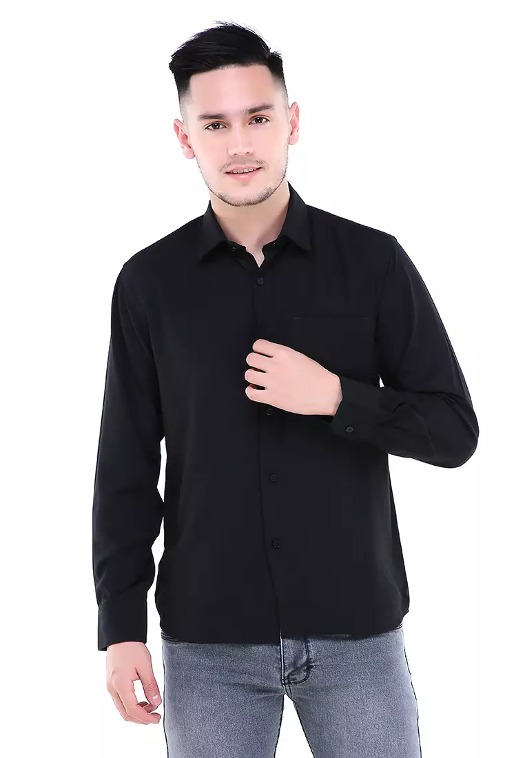 Dwan Atasan Kemeja Pria Formal Casual Longsleeve Plain Shirt Material Cotton ORIGINAL - Black