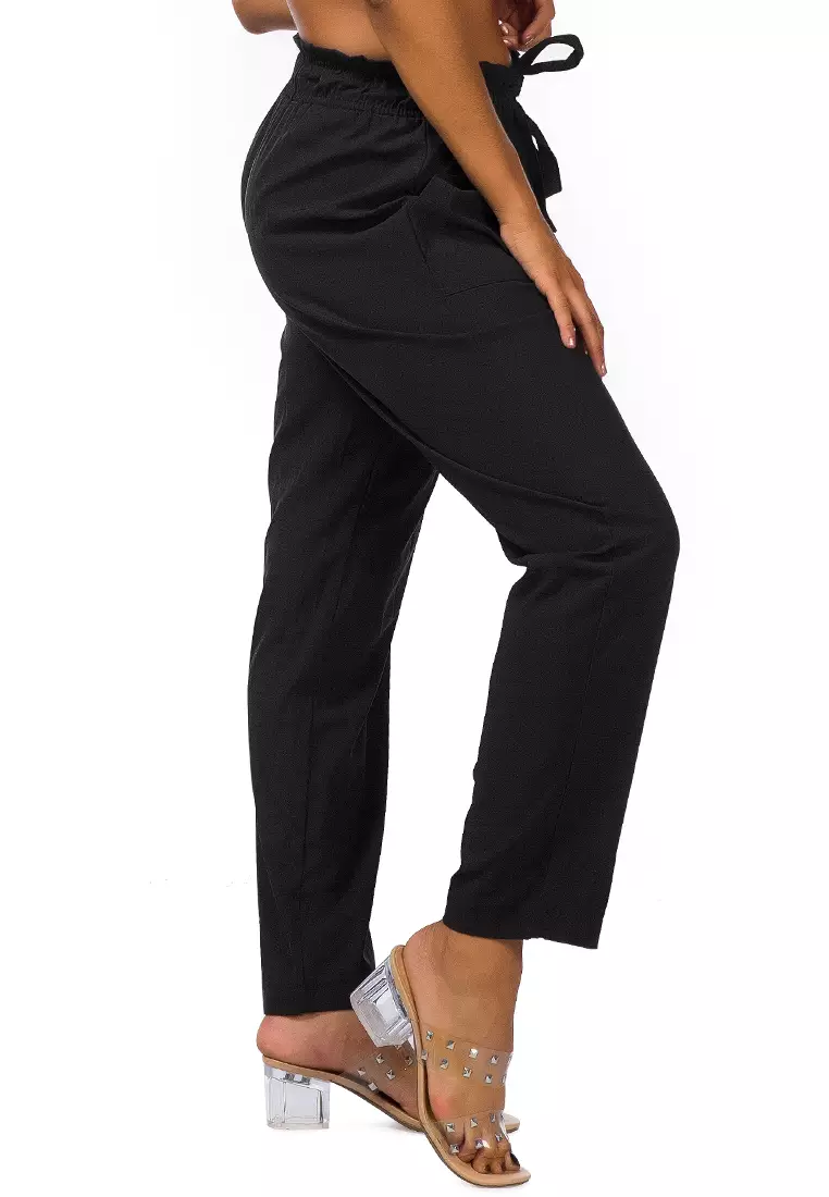 Straight Leg Black Pants for Women with Elastic Waistband