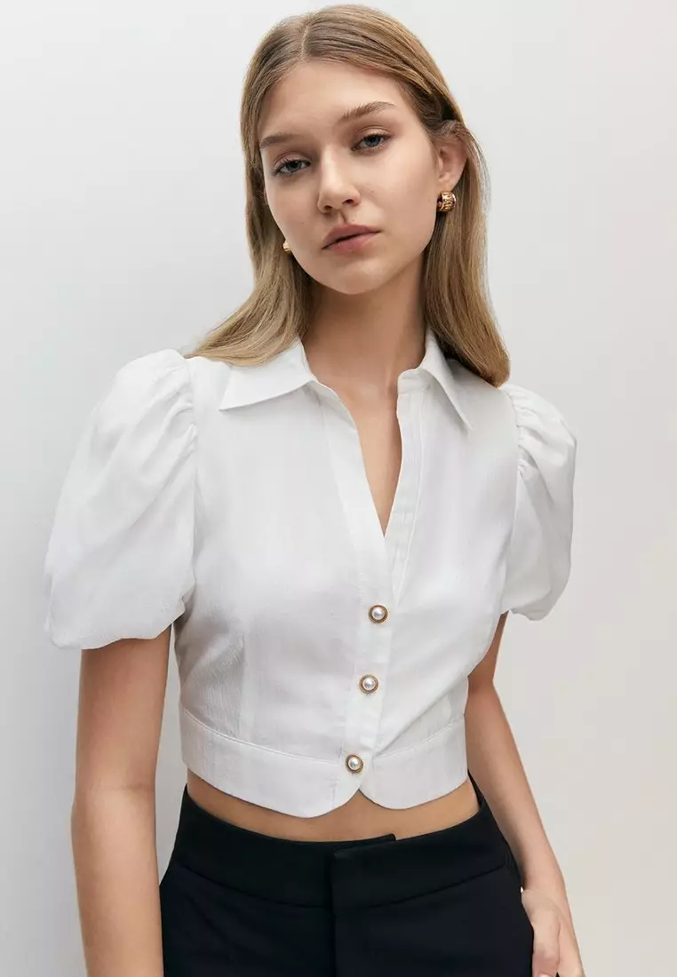 Puffed Sleeve Pearl Button Blouse - White