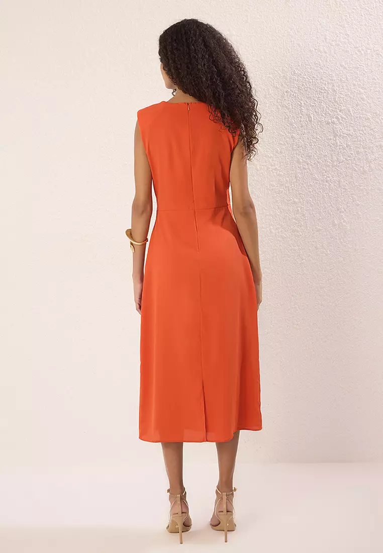 Orange Solid Body-Hugging Midi Woven Dress Twoss25El00204