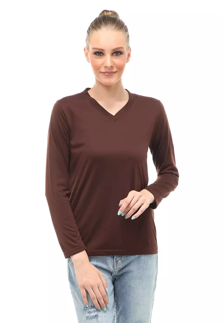 Kaos Polos Atasan Wanita V-Neck Lengan Panjang Design Simple Relaxed Fit - Coklat