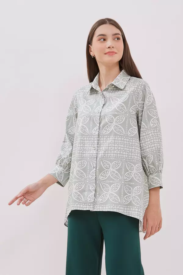 MINIMAL - Malya - Kemeja A Line Motif Kawung - Light Green