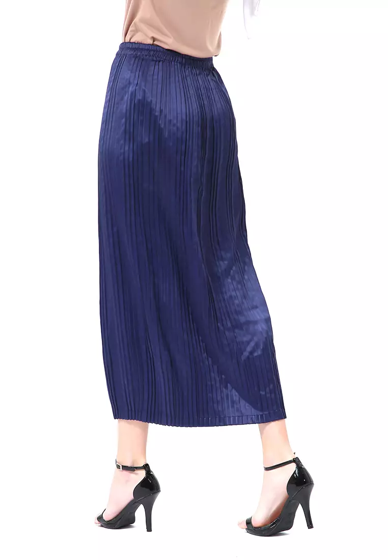 Angely Rok Plisket Rubbery Waist Fashion Wanita Simple - Navy
