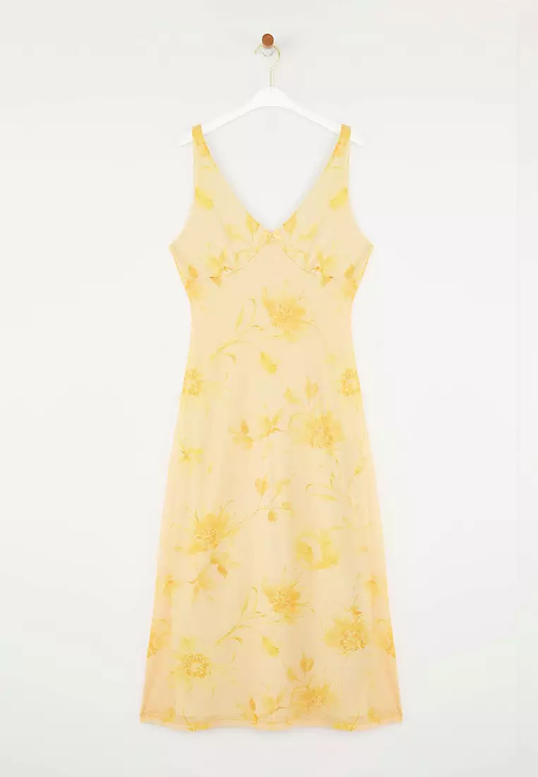 Light Yellow Fitted Abstract Bow Maxi Tulle Stretch Knit Dress Twoss25El00361
