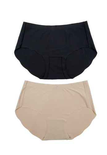 Kiss & Tell black and beige 2 Pack Seamless Mid Rise Scallop Panties in Black & Nude 9B423US02B088FGS_1