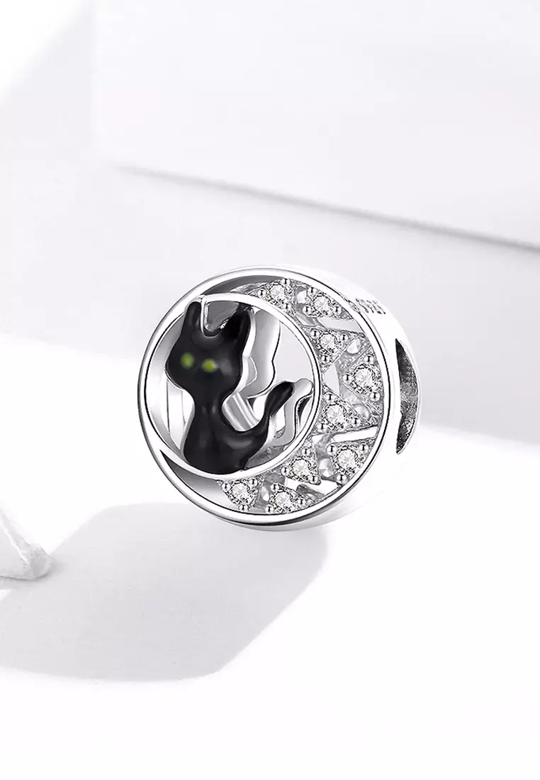 Solid 925 Sterling Silver Black Cat Over the Moon Charm