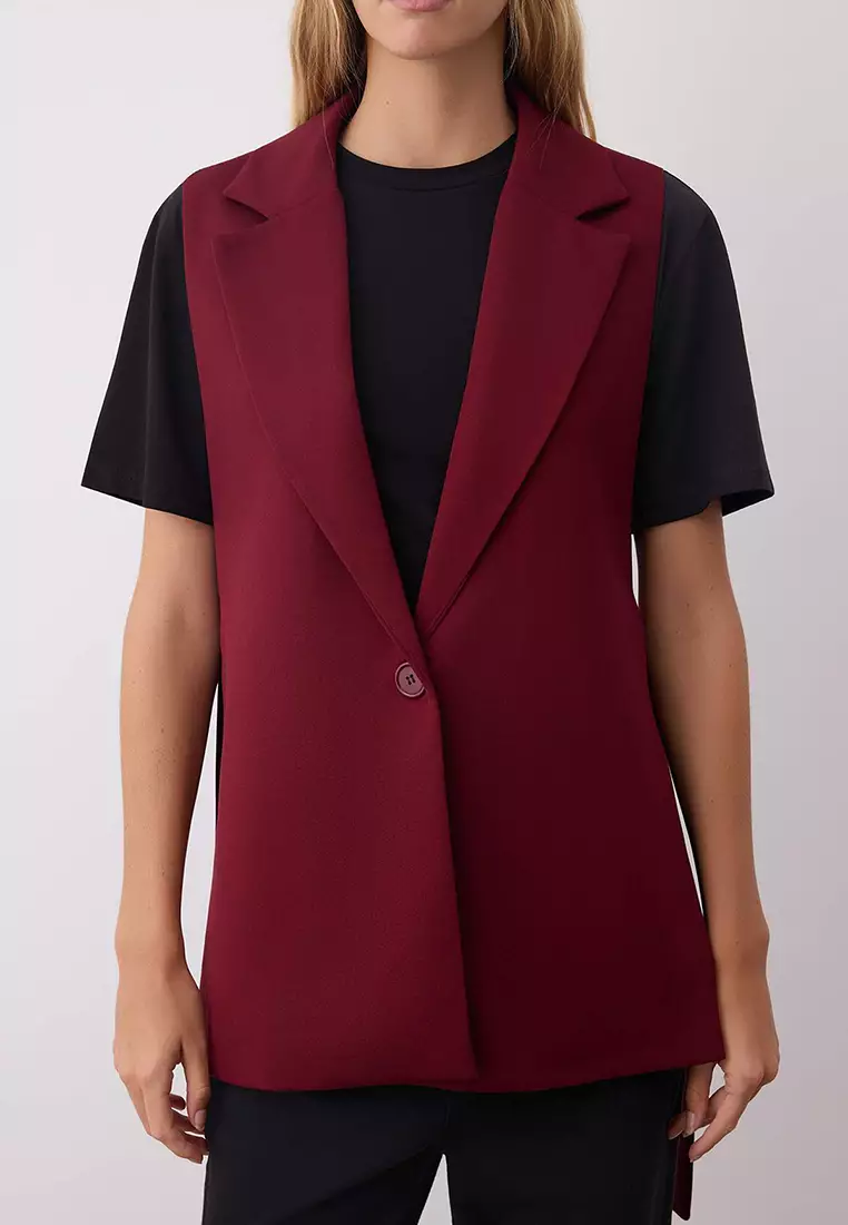 Burgundy Oversize Accessory Side Tie Detail Single Button Lined Woven Vest Twoaw23Ye00032