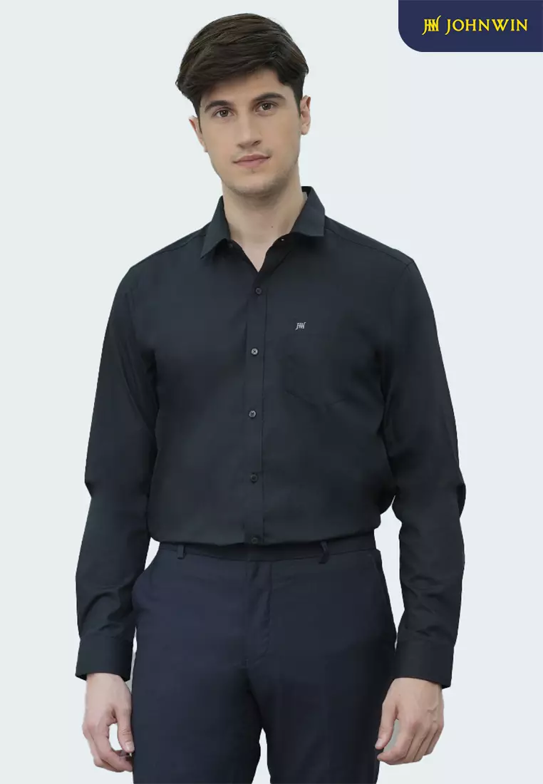 Johnwin - Kemeja Formal Oppulence - Kemeja Pria - Model Basic - Katun Knitting - Lengan Panjang - Slim Fit - Hitam - FSH.650.K395.982.C-L/S