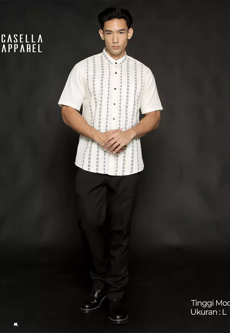 Casella Baju Koko Pria Lengan Pendek Vertical Pattern | Baju Koko Lengan Pendek Khalid 4051 Beige