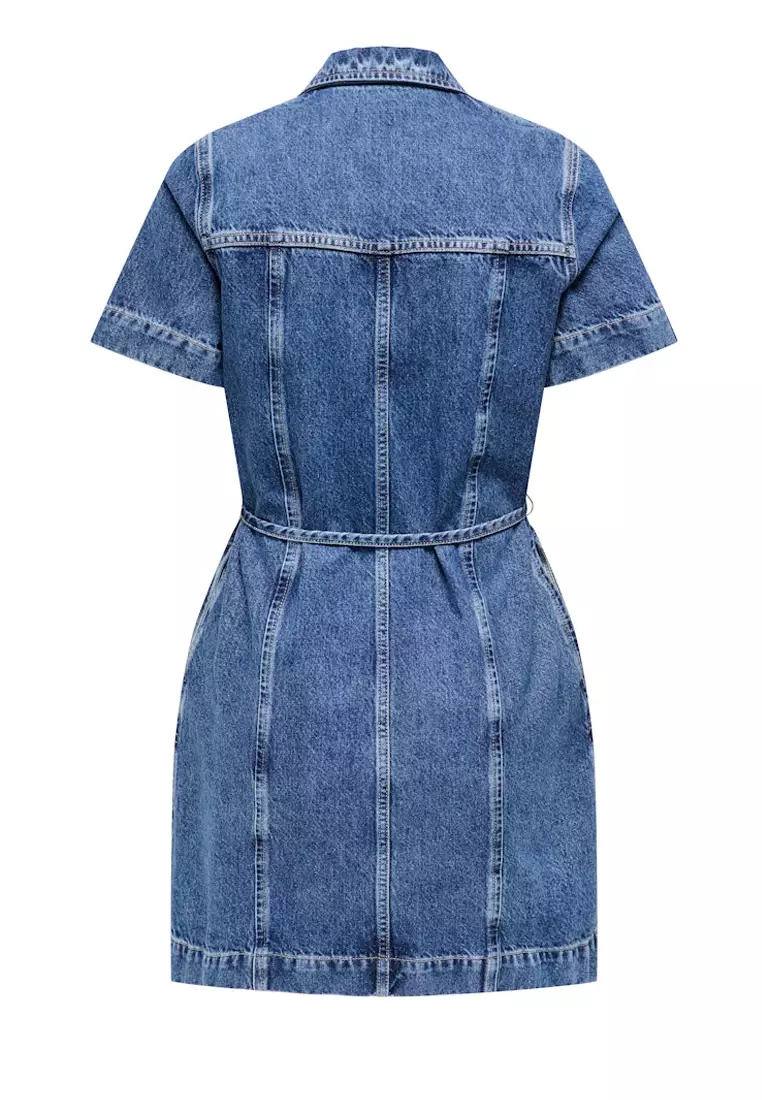 短袖牛仔束腰連身裙