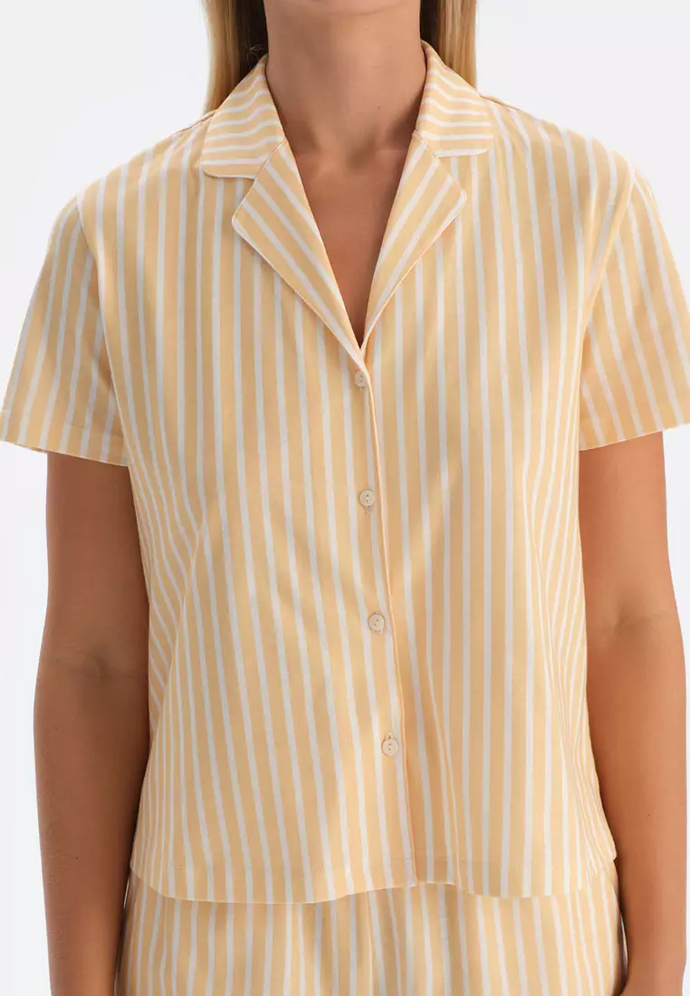 Yellow Shirt & Shorts Knitwear Set, Striped, Shirt Collar, Regular, Short Leg, Short Sleeve Sleepwear for Women