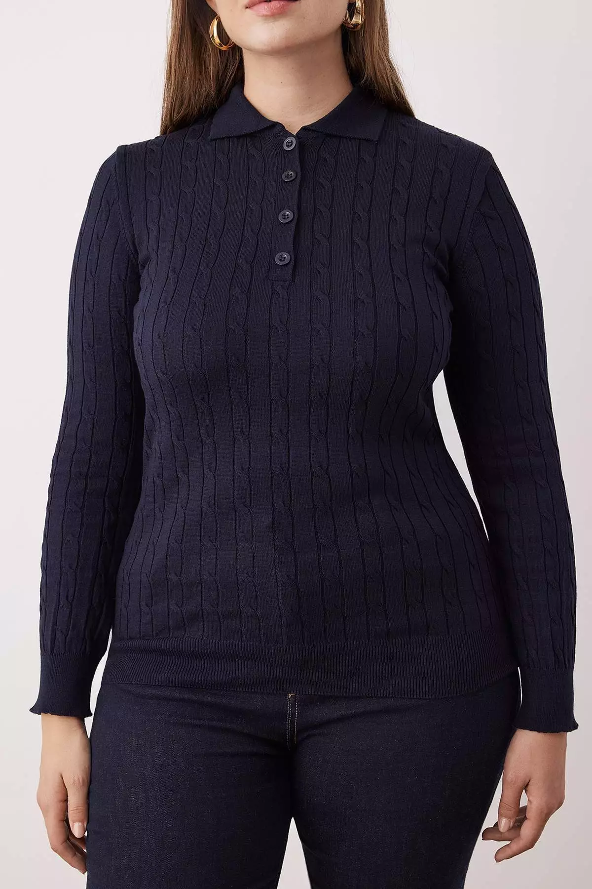 Navy Blue Polo Collar Knitted Thin Knit Blouse