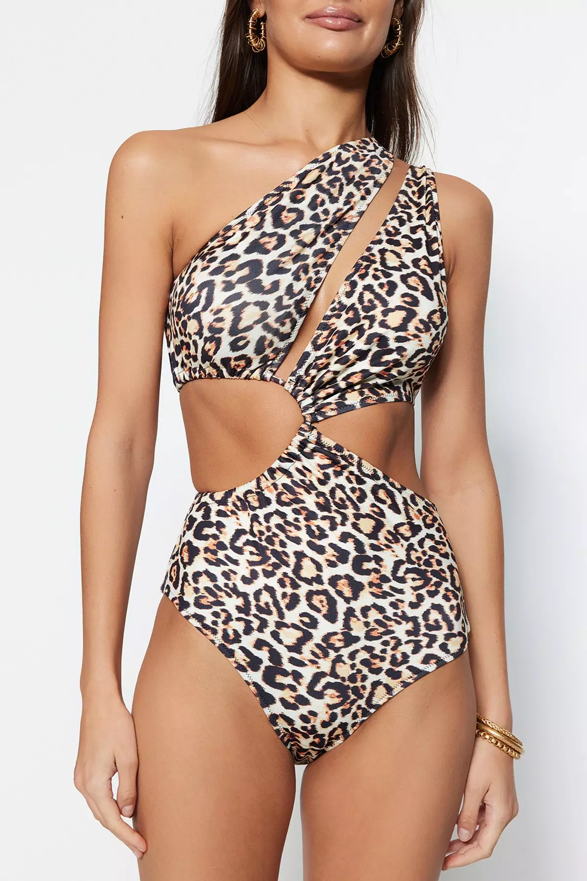 Animal Print One-Shoulder Swimwear with Cut Out/Windowed Regular Leg