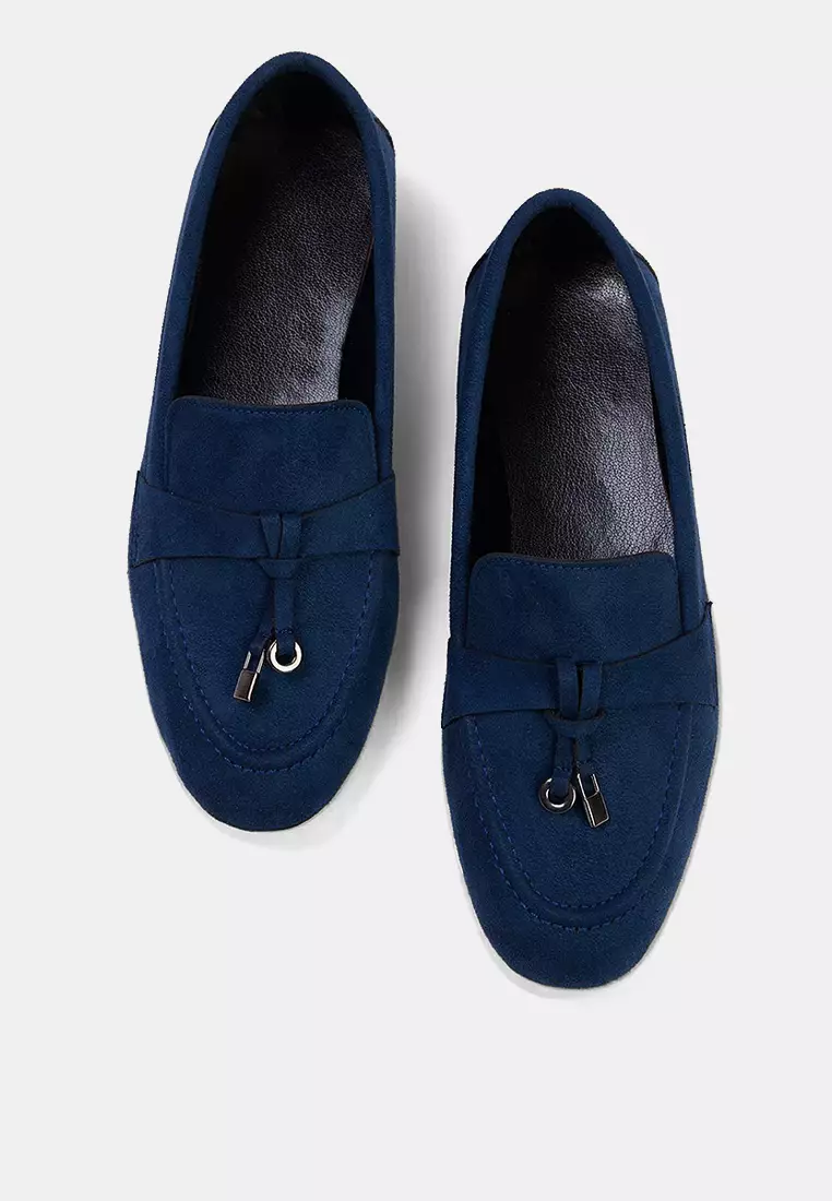 Navy Blue Suede Women's Loafer Shoes With Accessory Detail Takeaway26La00000