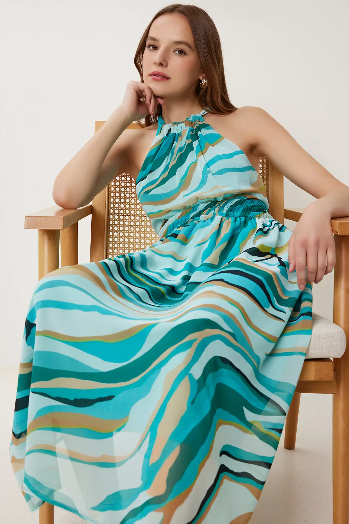 Women's Green Beige Patterned Flounced Midi Chiffon Dress Fg00029