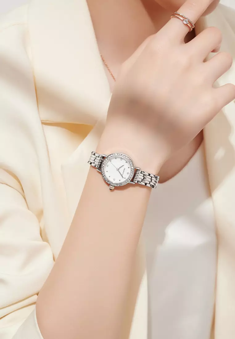 Jam Tangan Wanita Anti Air Anggun Mewah Berlian Jam Kuarsa Jam Tangan Cewek Original silver whtie