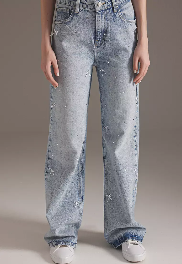Blue Ribbon/Bow Detailed Stoned Normal Waist Wide Leg Jeans TWOSS25JE00234