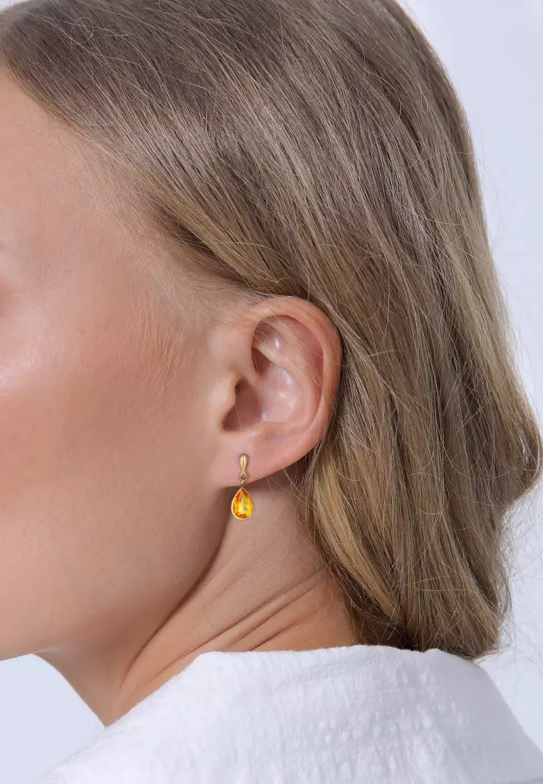 Anting Perhiasan Perak 925 Wanita Ear Hanger Drop Elegant Citrine Gold Plated