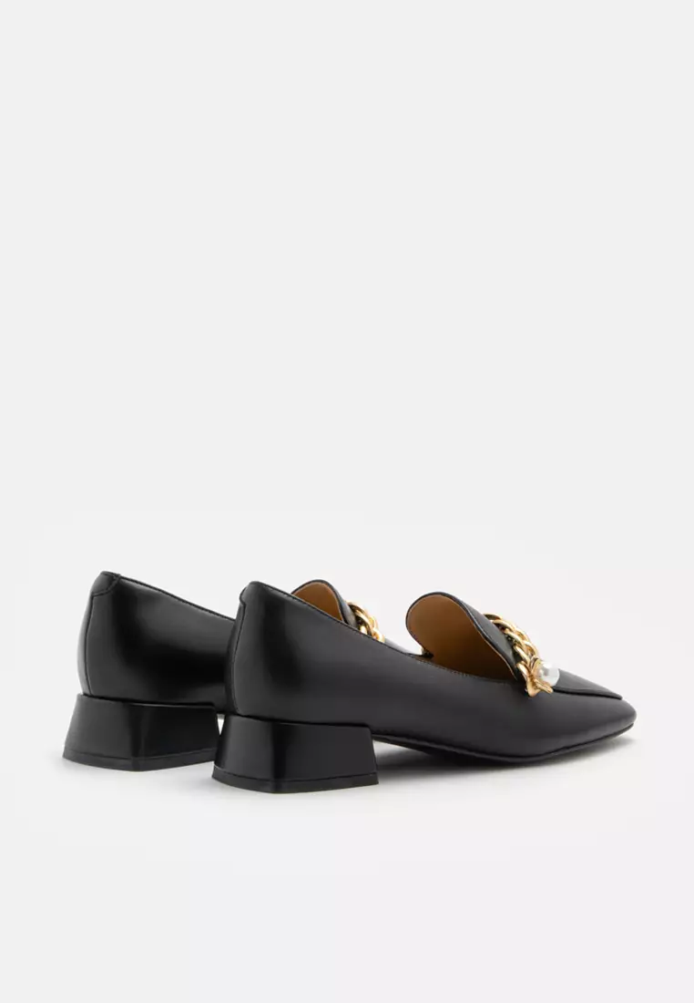 Maisie Pearl Embellished Chain Loafer Heels Black