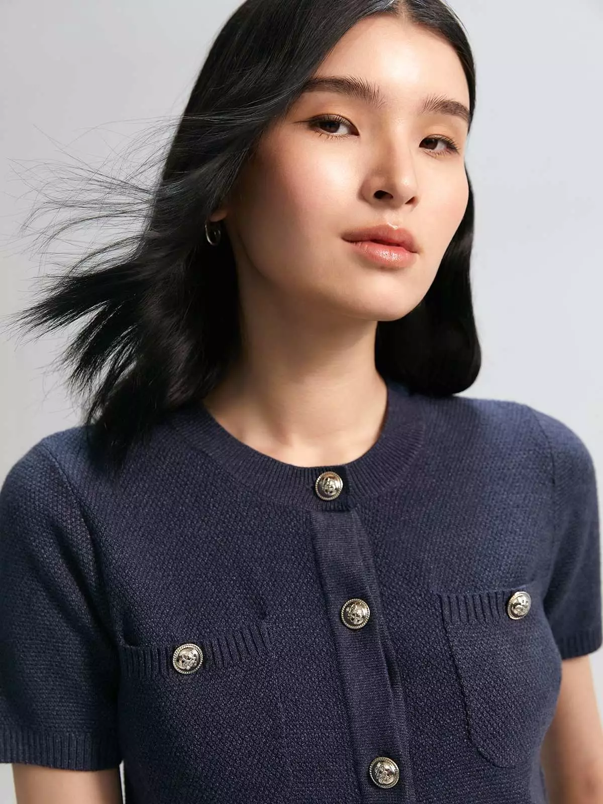 Gold Button Detail Short-Sleeve Cardigan - Dark Blue