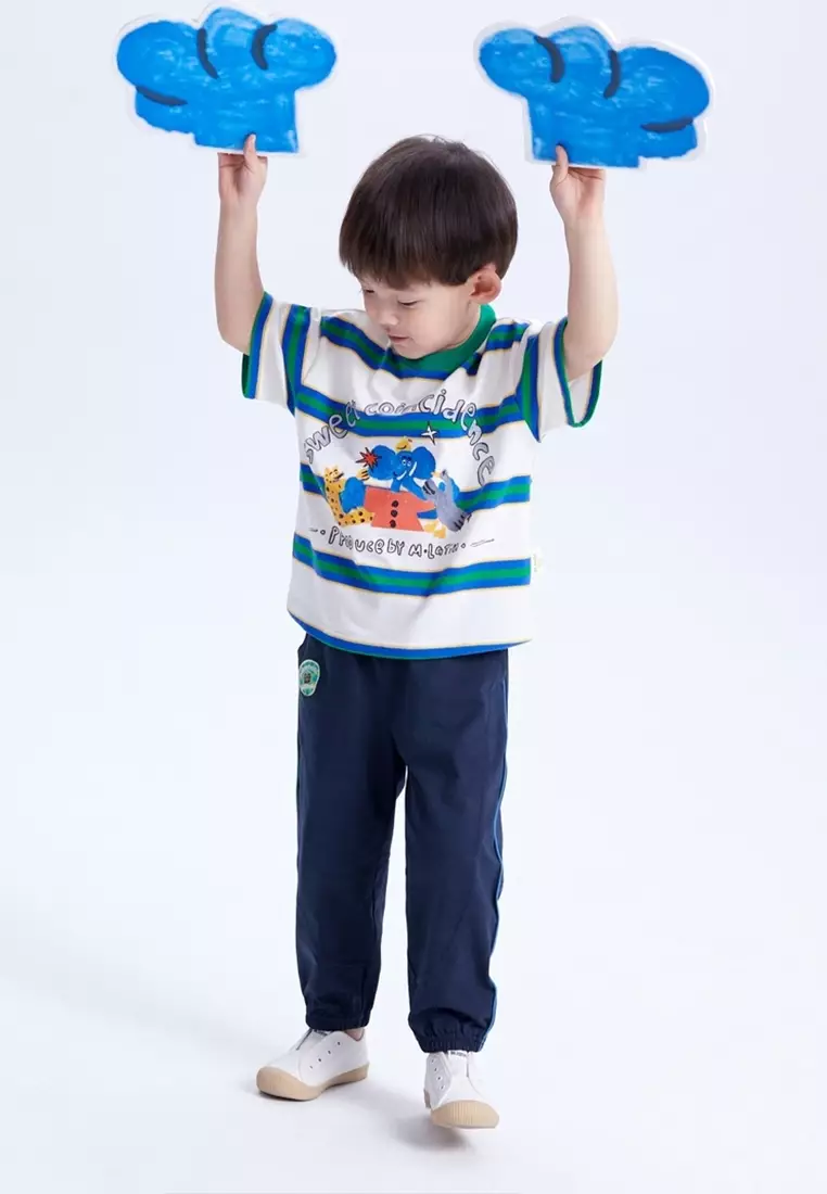 男小童趣味艺术家图案色织条纹面料短袖T恤