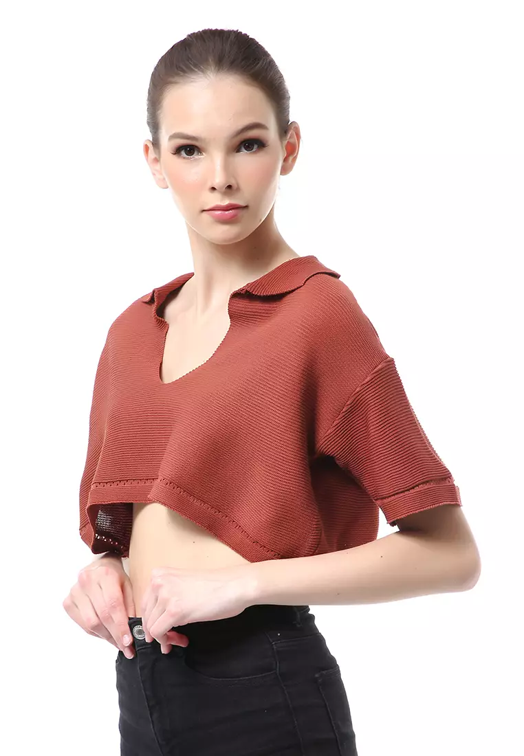Albertine Atasan Crop Wanita Lengan Pendek Blouse Vneck Motif Polos Material Rajut ORIGINAL - Brown