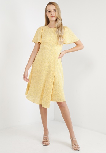 ELLE yellow Flutter Sleeves Geometric Printed Midi Dress CBFFCAAB2C0BC7GS_1