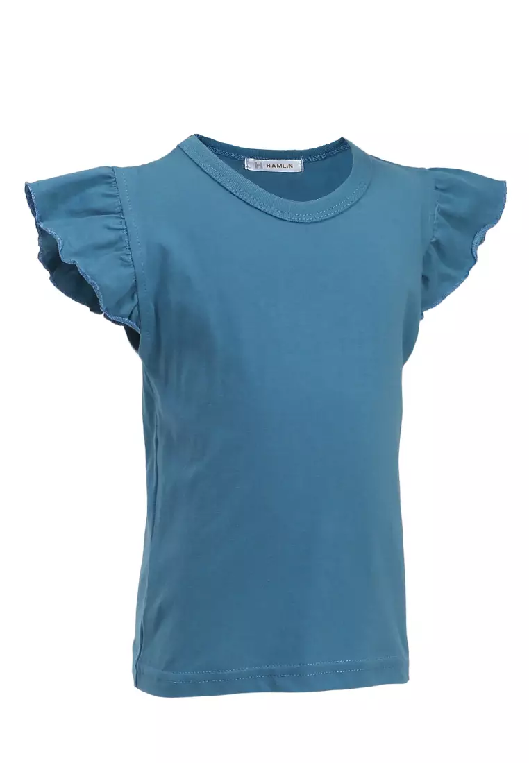 Chevelle Atasan Casual Anak Perempuan Ruffle Tee Motif Polos Short Sleeve Material Cotton ORIGINAL - Blue