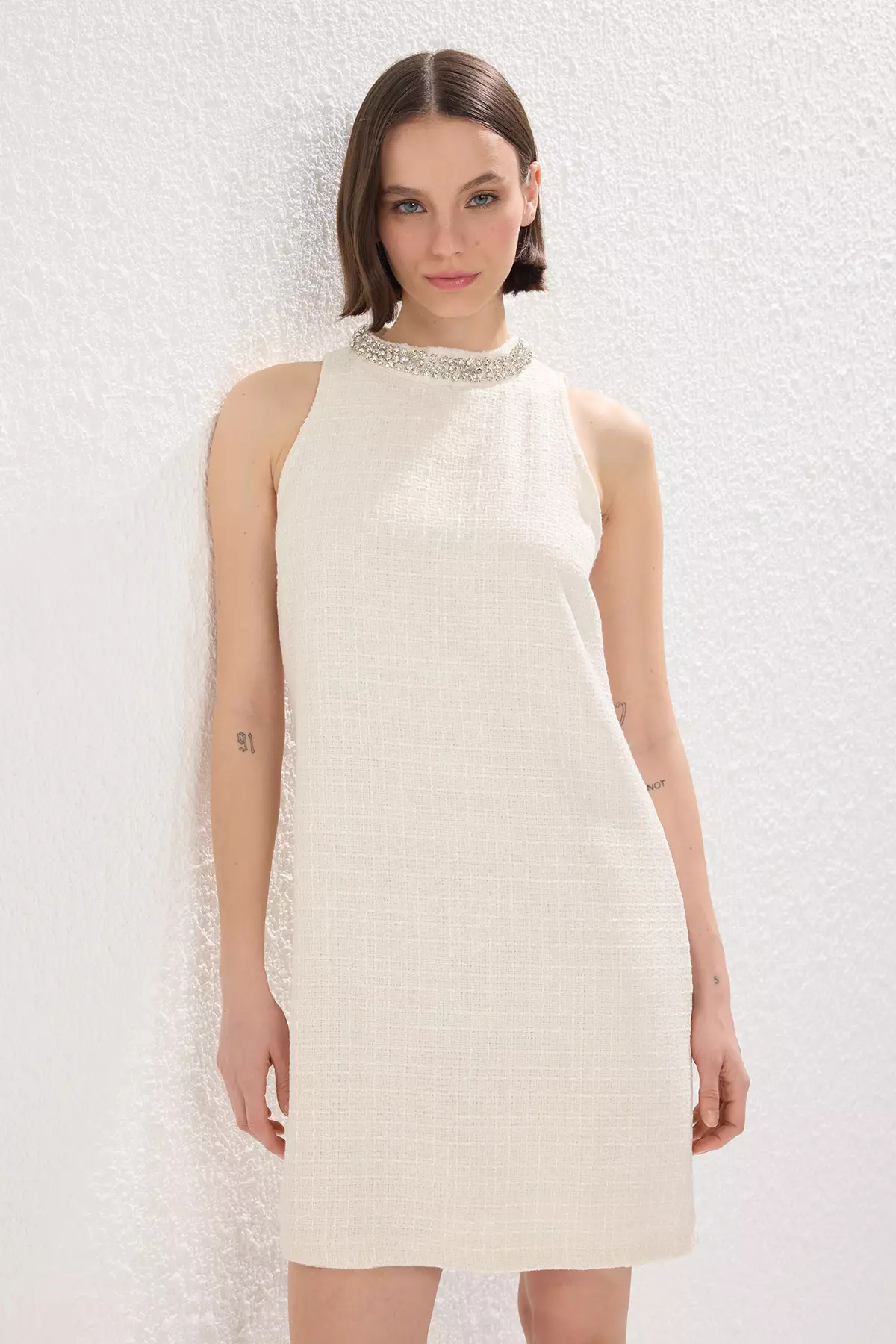 White Stone Embroidery Detailed Lined Thin Tweed Mini Woven Dress TWOSS25EL00754