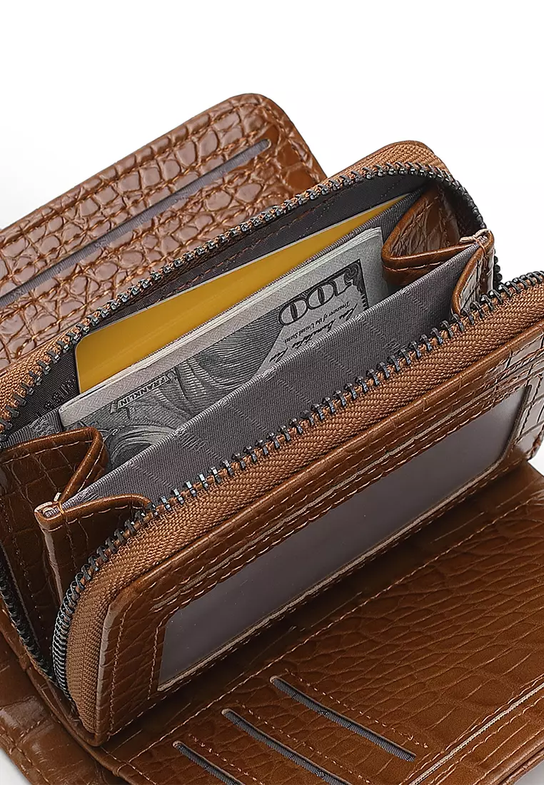 Women's Croc Wallet with Coin Compartment (短錢包) - 棕色
