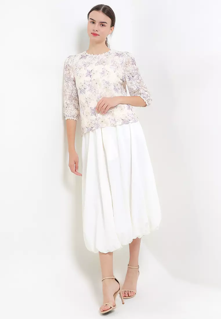 3/4 Sleeves Flo Mesh Print Emb Lace Trimmed Blouse