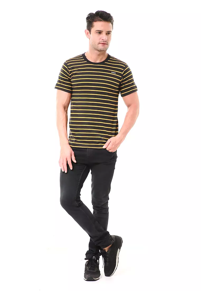 Aisley Kaos Pria Lengan Pendek Sweatshirt Kasual Stripe Motive Material Cotton ORIGINAL - Gold