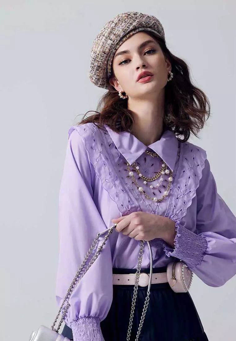 Hollow Out Detail Purple Blouse