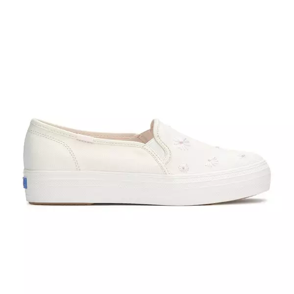 Floral Embroidery Keds Triple Decker White Canvas Keds Women's