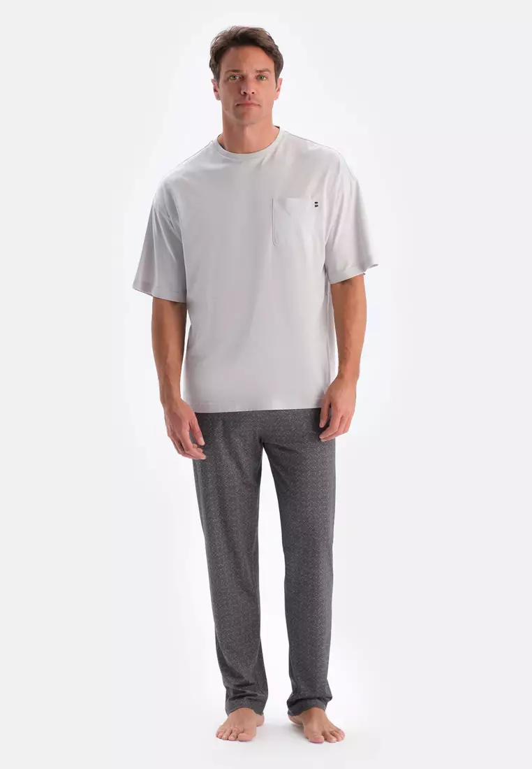 Grey T-Shirt & Trousers Knitwear Set, Crew Neck, Oversize, Long Leg, Short Sleeve Sleepwear for Men